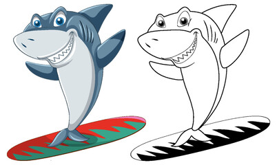 Wall Mural - Shark cartoon character with its doodle outline surfing