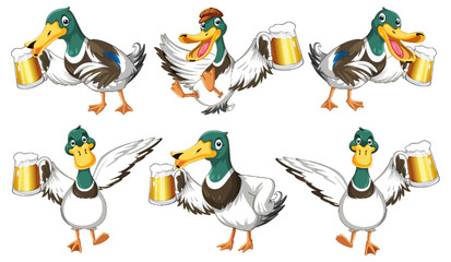 Wall Mural - set of wild duck drinking beer in different poses