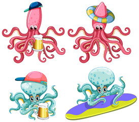 Sticker - Set of squid and octopus cartoon character set