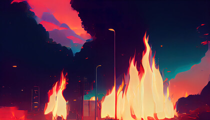 Wall Mural - city burning, fire illustration. cartoon drawing of a city burning at dawn, dusk. bright yellow and 