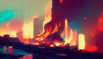 Wall Mural - city burning, fire illustration. cartoon drawing of a city burning at dawn, dusk. bright yellow and 