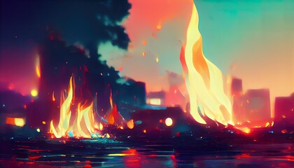 Wall Mural - city burning, fire illustration. cartoon drawing of a city burning at dawn, dusk. bright yellow and 