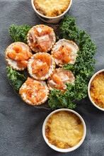 Still Life View From Above Mini Salmon Tarts And Cheese Casserole
