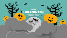 Happy Halloween Background With Pumpkin, Cloud, Bath And Moon In Paper Style. Vector Illustration