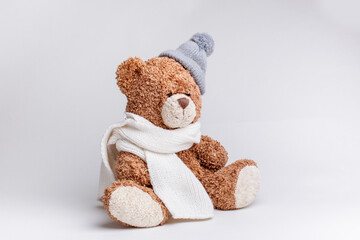 teddy bear with knitted scarf and hat on a white background, isolated