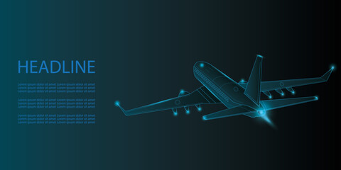 Wall Mural - 3d airplane isolated in dark blue. Abstract vector wireframe of airliner. Travel, tourism, business,