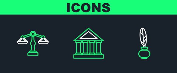 Sticker - Set line Feather and inkwell, Scales of justice and Courthouse building icon. Vector