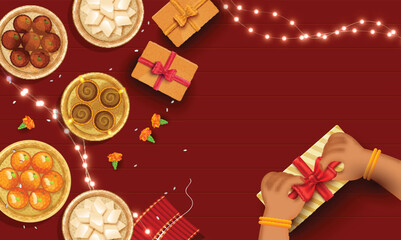 Sticker - Top View Of Various Indian Sweet With Gift Boxes, Firecracker, Lighting Garland And Female Hands Opening Gift Box On Red Stripe Background.