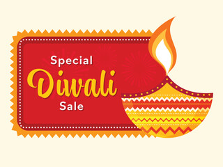 Wall Mural - diwali sale banner or poster design with burning oil lamp (diya) on white and red fireworks backgrou