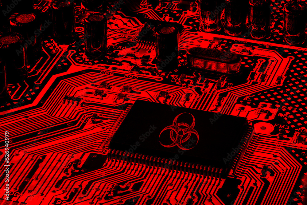 Biologically Infected Computer Red Computer Motherboard with biohazard logo, virus ransomware and ...
