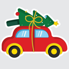 Poster - Illustration Of Sticker Style Car Carrying Christmas Tree In Flat Style.