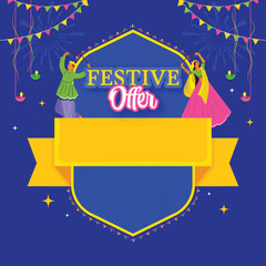 Wall Mural - Navratri Festival Sale Poster Design With Indian Young Couple Holding Dandiya Sticks, Lit Oil Lamps (Diya) Hang, Bunting Flags And Blank Ribbon On Blue Background.