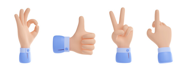 Poster - 3D render set of hand sign icons isolated on white background. Illustration of human fingers showing ok, thumb-up, victory and pointing gestures. Collection of ui design elements for business