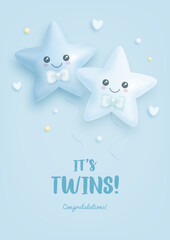 Baby shower vertical banner or invitation with cartoon helium balloons and hearts on blue background. It's twins. Vector illustration