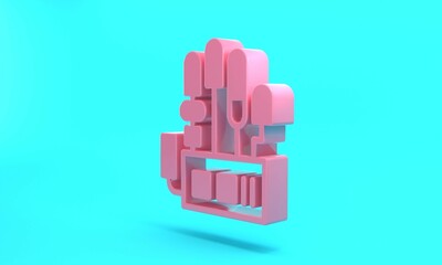 Wall Mural - Pink Mechanical robot hand icon isolated on turquoise blue background. Robotic arm symbol. Technological concept. Minimalism concept. 3D render illustration