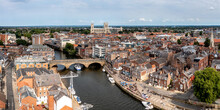 Aerial Landscape Of York City Skyline With Ancient Bridges Of The River Ouse