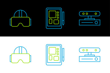 Poster - Set line Motion sensor, Virtual reality glasses and Graphic tablet icon. Vector