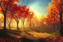 Beautiful Autumn Forest Landscape Background Illustration