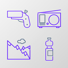 Poster - Set line Bottle of water, Mountains, Radio with antenna and Flare gun pistol icon. Vector