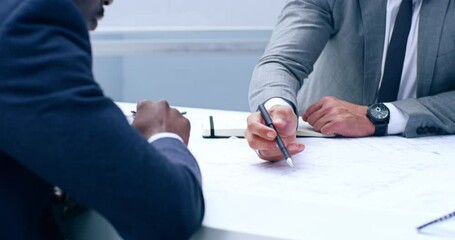 Aufkleber - Business men planning a building strategy in a team meeting with blueprint paper in a real estate office. Realtor and architect consulting and working on design for construction of a property at work