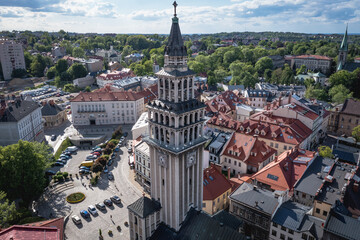 Canvas Print - Drone photo of Cathedral of St. Nicholas tower in Bielsko-Biala, Silesia region of Poland