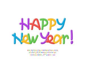 Leinwandbilder - Greeting card Happy New Year with multicolor handwritten font on white background