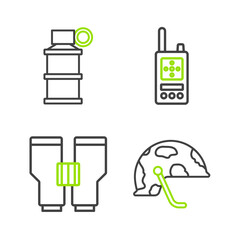 Poster - Set line Military helmet, Binoculars, Walkie talkie and Hand smoke grenade icon. Vector