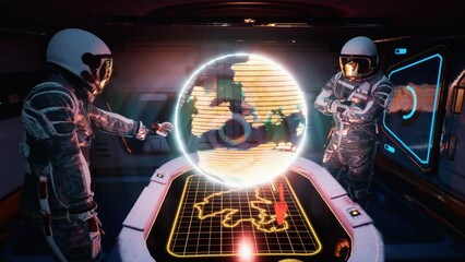 Wall Mural - astronauts explore the planet using its hologram in the spacecraft's control room. the concept of th