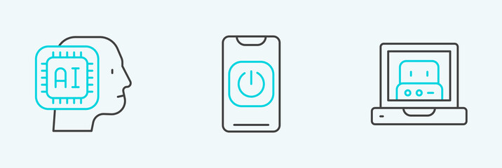 Poster - Set line Creating robot, Humanoid and Turn off from phone icon. Vector