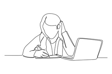 Young girl writing on the paper while studying in front of a not book. Continuous one line drawing vector illustration