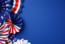 Independence Day USA Banner Mockup Paper Fans In American National Colors. USA Presidents Day, American Labor Day, Memorial Day Concept
