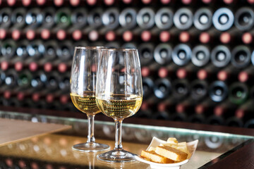 Wine tasting in the winery - 2 glasses of white wine with toasts and cheese, Lanzarote, Spain