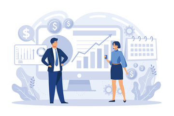 Poster - Demand analysts shaking hands from laptops screens and planning future demand. Demand planning, demand analytics, digital sales forecast flat vector modern illustration