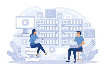 Content management system. Software engineering, database programming. CMS development, PHP MySql development, information architecture metaphors. flat vector modern illustration