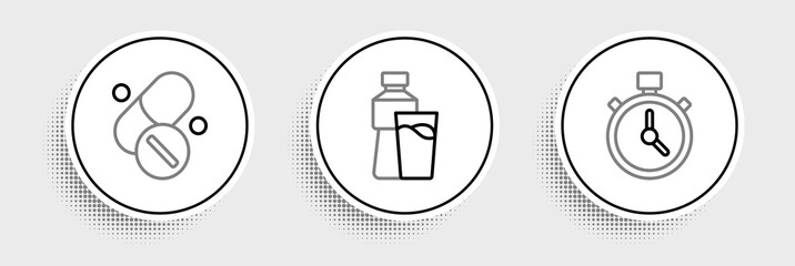 Wall Mural - Set line Stopwatch, Vitamin pill and Bottle of water with glass icon. Vector