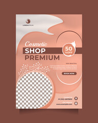 Wall Mural - Beauty Cosmetics Sale flyer and brochure template with a4 size. Vector poster and banner design to promote skincare, skin clinic, makeup, hair treatment, medical spa , salon, something natural, etc
