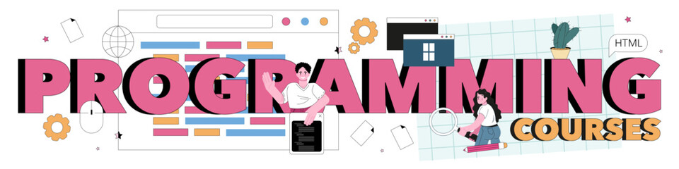 Poster - programming course typographic header. idea of coding, testing