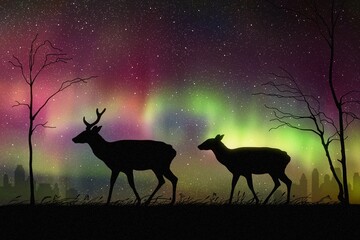 Sticker - Deer family in city park. Animal silhouette at night. Aurora borealis