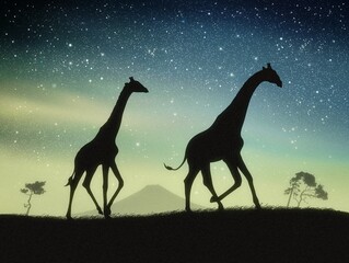Sticker - Giraffes walk in savannah. Animal silhouette. Night blue starry sky