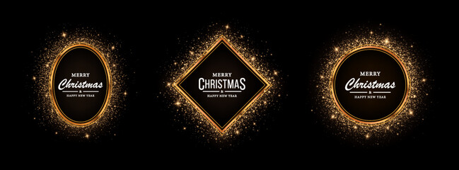 Wall Mural - Gold shiny glowing frames with shadows isolated on black background. Banner frame template. Gold frames of different geometric shapes. Shiny, bright frames for the holidays.