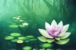 Beautiful watercolor styled blooming white water lily lotus flowers. dreamy fairytale feel in faded green color tone illustration.