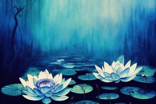 Beautiful Watercolor Styled Blooming White Water Lily Lotus Flowers. Dreamy Fairytale Feel In Faded Blue Color Tone Illustration.