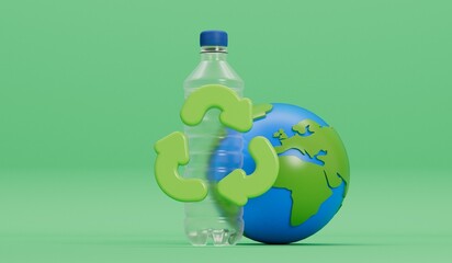 Wall Mural - Earth globe with empty plastic bottles and recycle symbol. Global plastic pollution concept. 3D Rendering