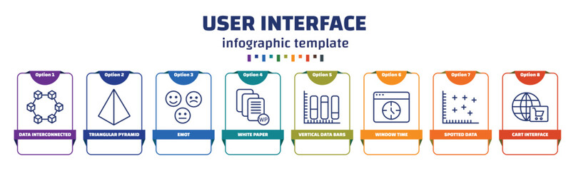 Poster - infographic template with icons and 8 options or steps. infographic for user interface concept. included data interconnected, triangular pyramid, emot, white paper, vertical data bars, window time,