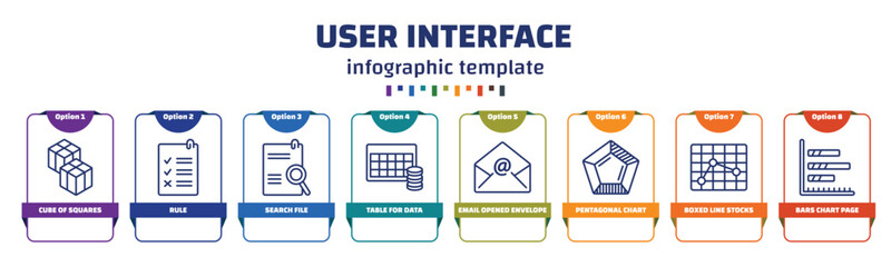 Poster - infographic template with icons and 8 options or steps. infographic for user interface concept. included cube of squares, rule, search file, table for data, email opened envelope, pentagonal chart,