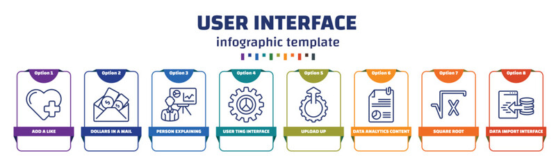 Poster - infographic template with icons and 8 options or steps. infographic for user interface concept. included add a like, dollars in a mail, person explaining data, user ting interface, upload up, data