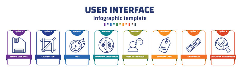 Poster - infographic template with icons and 8 options or steps. infographic for user interface concept. included floppy disk save button, crop button, past, round volume button, user with speech bubble,