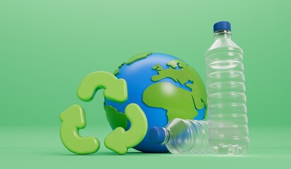 Wall Mural - Earth globe with empty plastic bottles and recycle symbol. Global plastic pollution concept. 3D Rendering