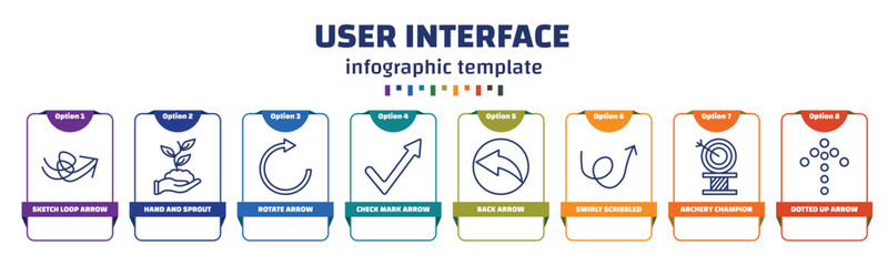 Poster - infographic template with icons and 8 options or steps. infographic for user interface concept. included sketch loop arrow, hand and sprout, rotate arrow, check mark arrow, back swirly scribbled