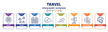 Infographic Template With Icons And 8 Options Or Steps. Infographic For Travel Concept. Included Bus Stop, Sun Bath, Date, Cloudy, Rubber, , Travel Insurance, Parasailing Icons.